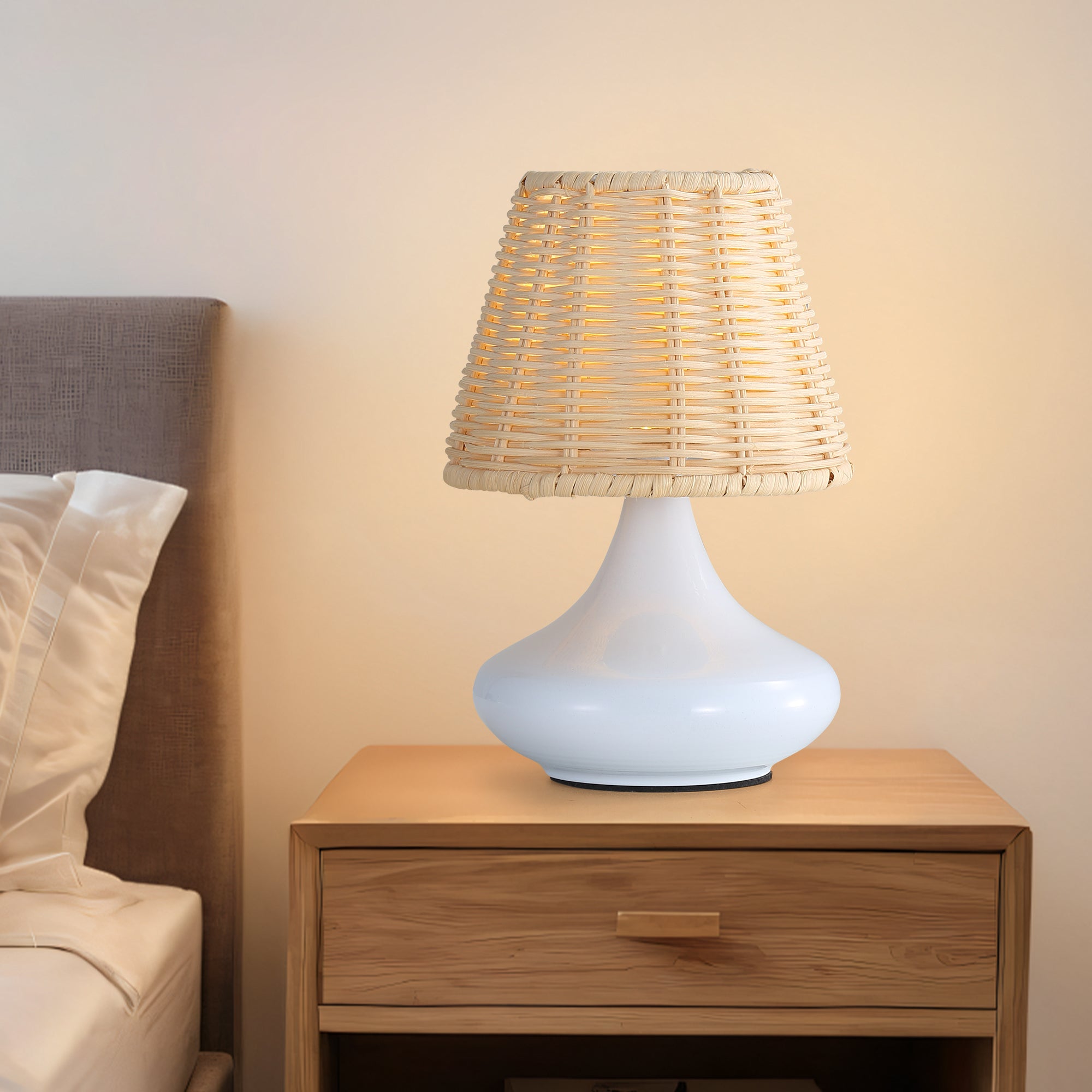 Lampe de table en bambou blanc Lampe de bureau variable Lampe de nuit avec base en fer et trois couleurs