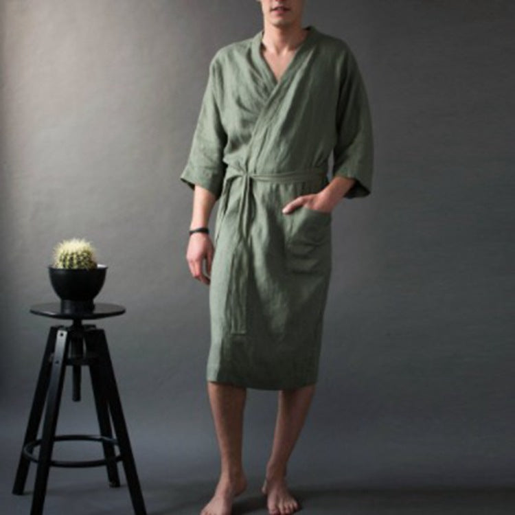 Homme et femme Long Solid Color Lin Pajamas Robe peignoir