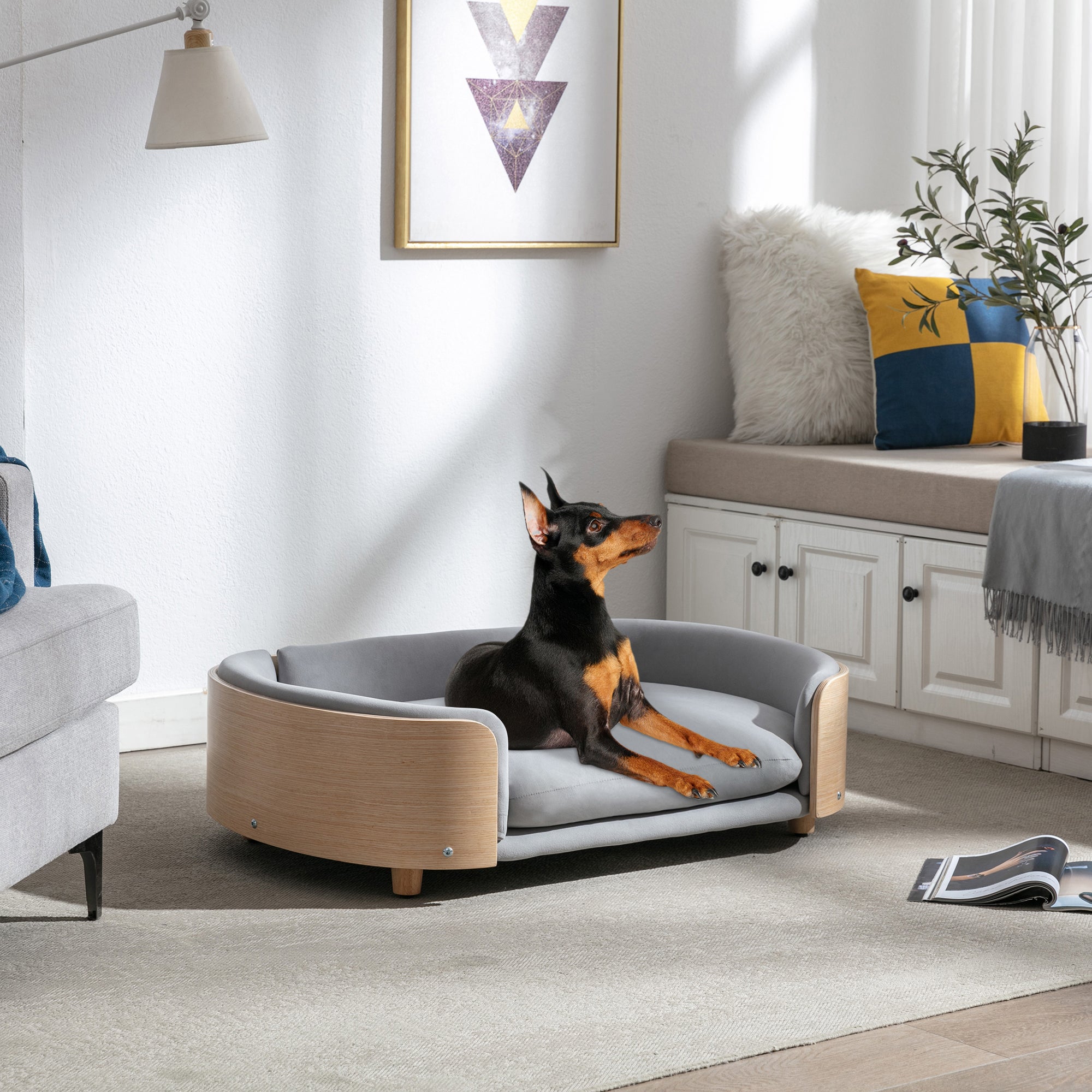 Style scandinave Lit de chien élevé Canapé pour animaux avec pieds en bois massif et dos en bois bent