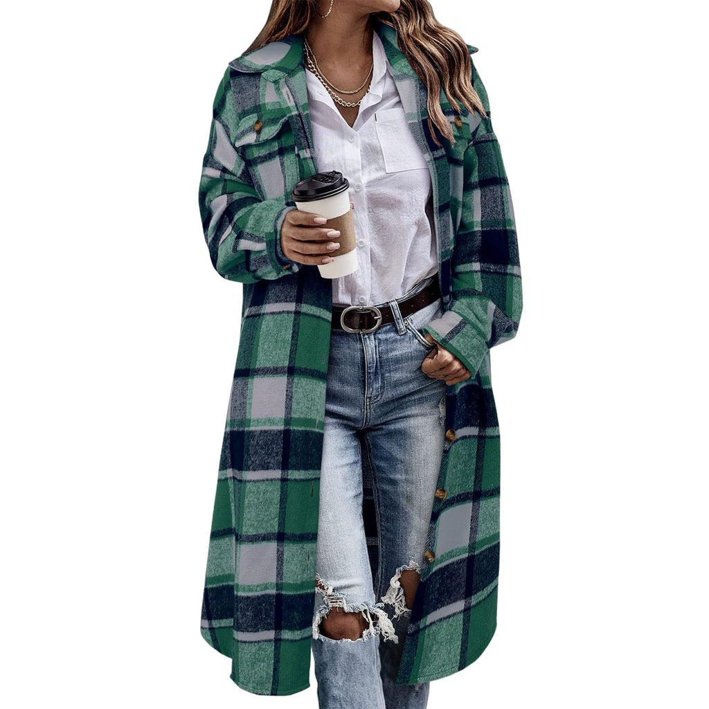 AutomneHiver Lapel Drop-Shoulder Casual Plaid Shirt avec poches de patch