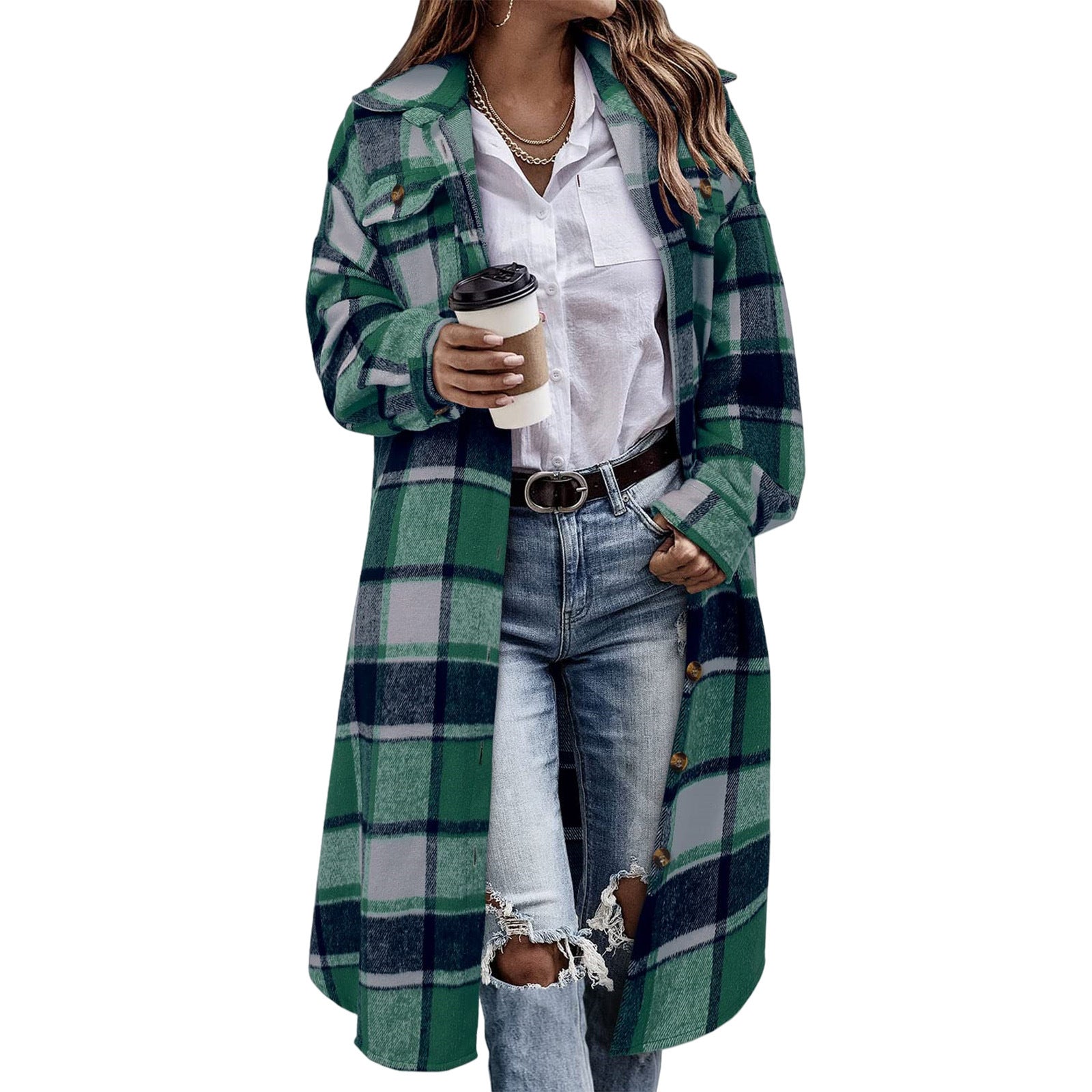 AutomneHiver Lapel Drop-Shoulder Casual Plaid Shirt avec poches de patch
