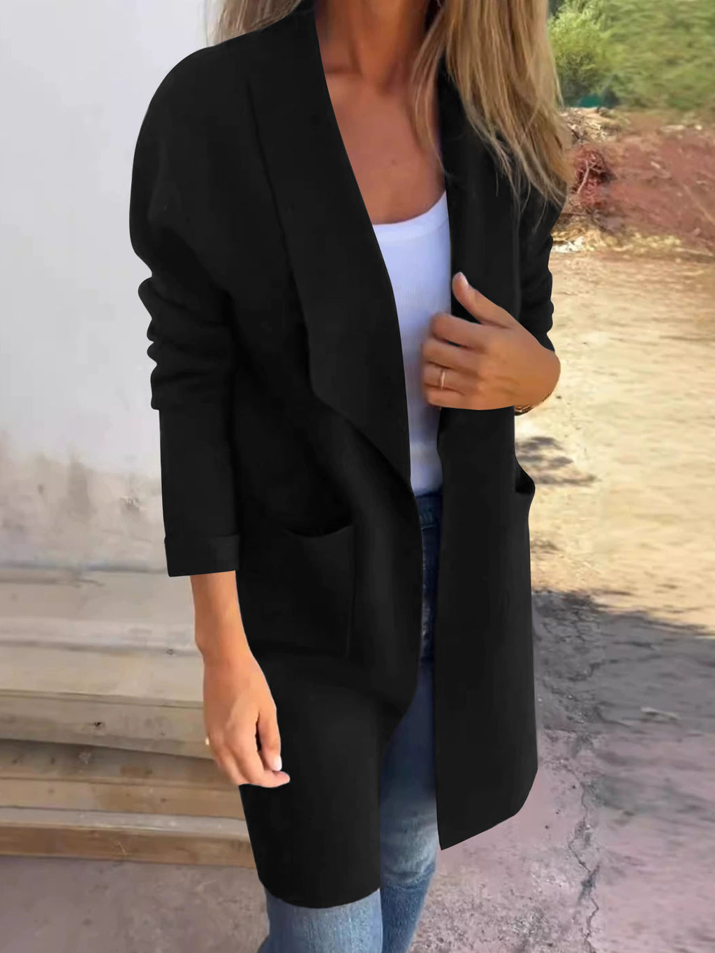 Femmes Waterfall Lapel Ouvert Avant Coat Longue Manche Loose Mid Longueur Veste Casual Outerwear