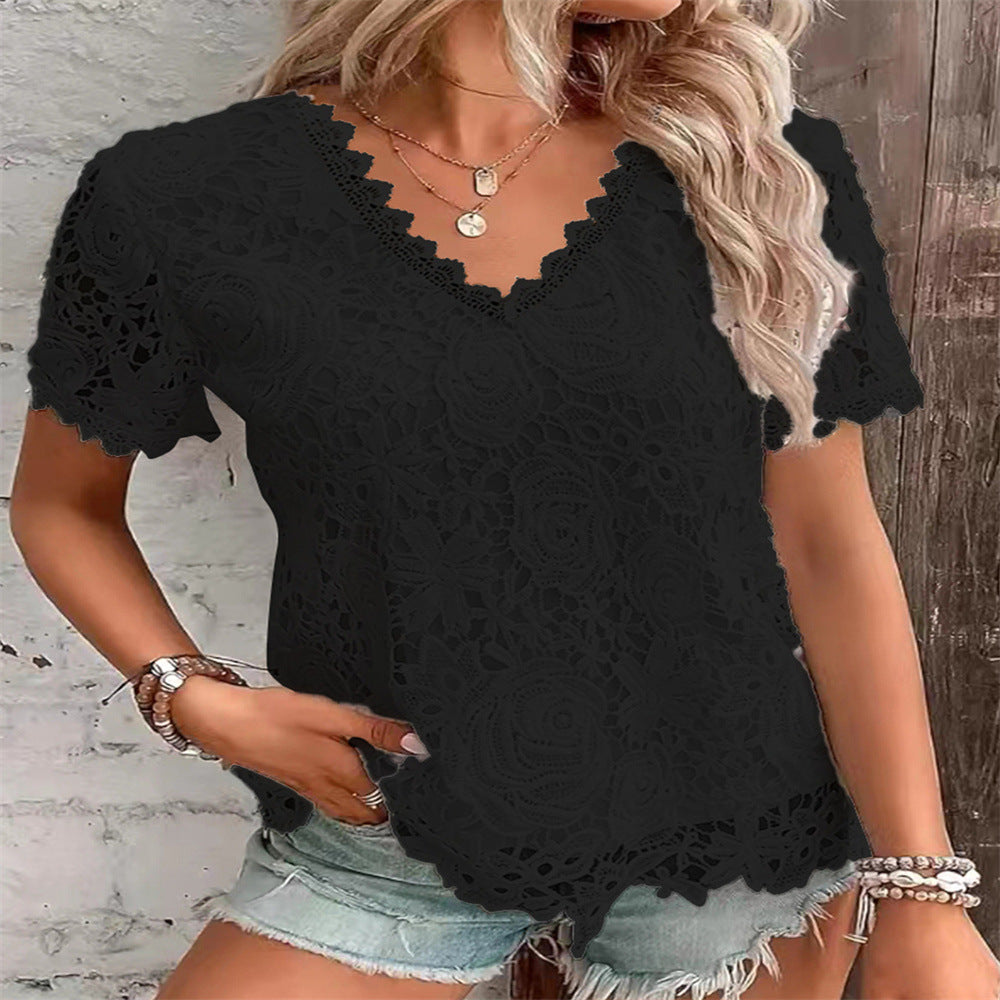 La mode européenne et américaine pour femmes Top polyvalent T-shirt à manches courtes en dentelle sexy