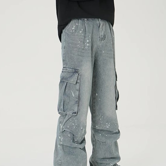 Pantalon de travail lavé en denim à jambes larges pour hommes avec de grandes poches