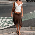 Retro Low-waist Plissé Dentelle Asymétrique Midi Jupe