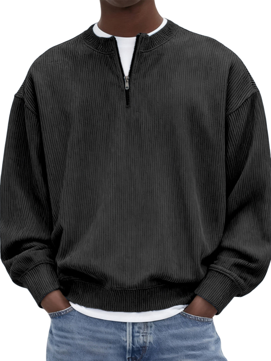 Casual hommes manches longues Corduroy Top avec un collier debout et une demi-zip