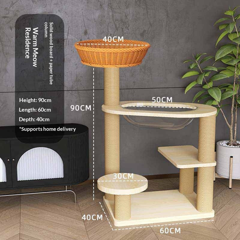 Arbre de chat en bois massif avec plates-formes multi-niveaux et lit de chat en rotin tissé