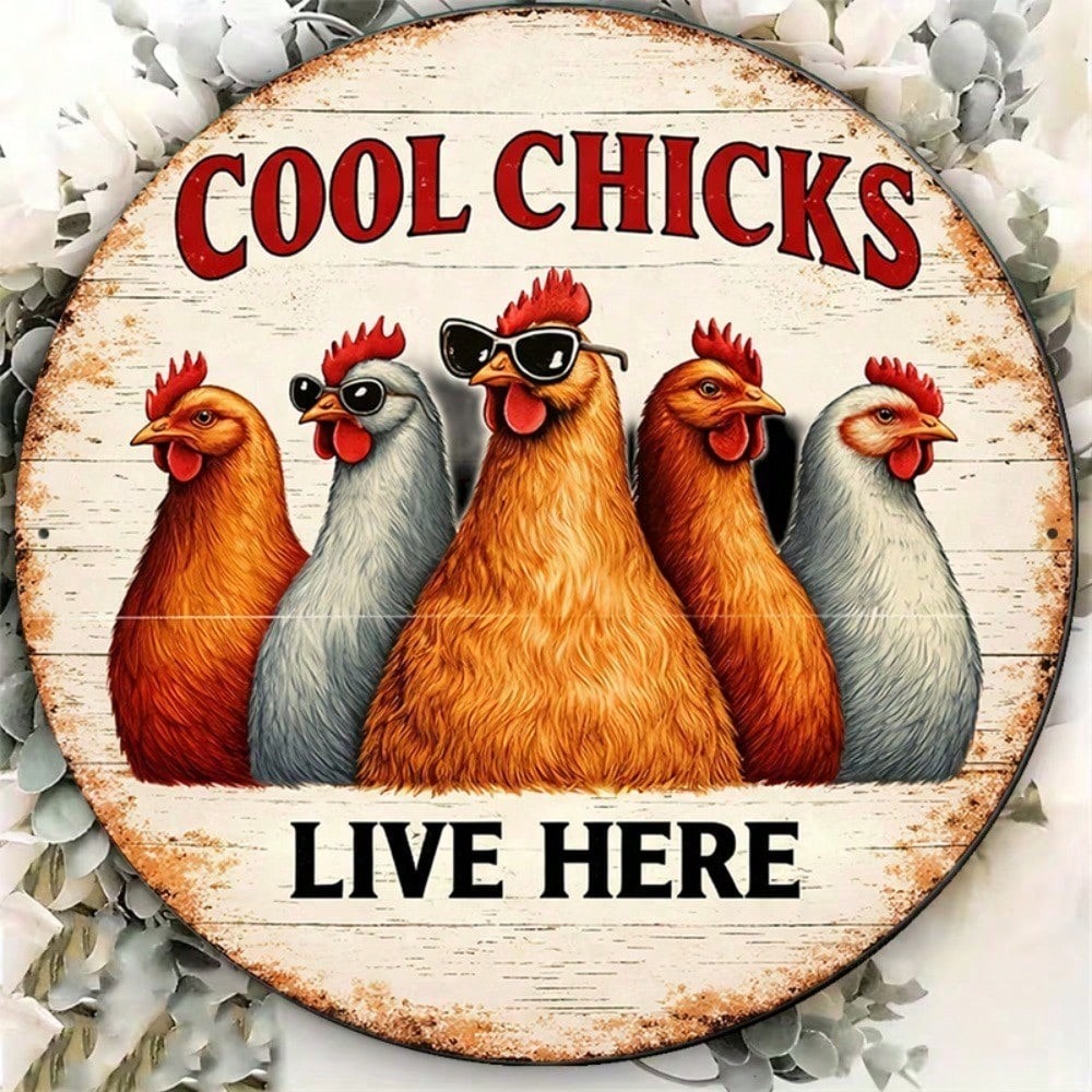 8x8in Retro Cool Chicken Round Sign Funny Farmhouse Bar Decor