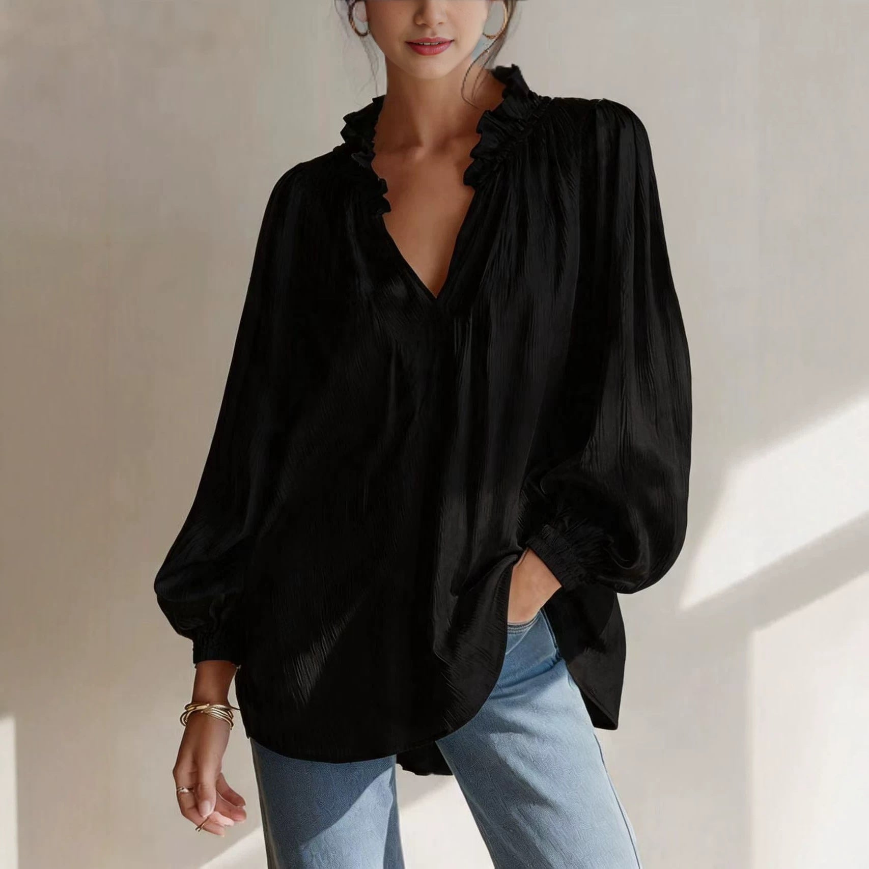 Femmes Casual Ruffled-edge V-neck Blouse à manches de puff