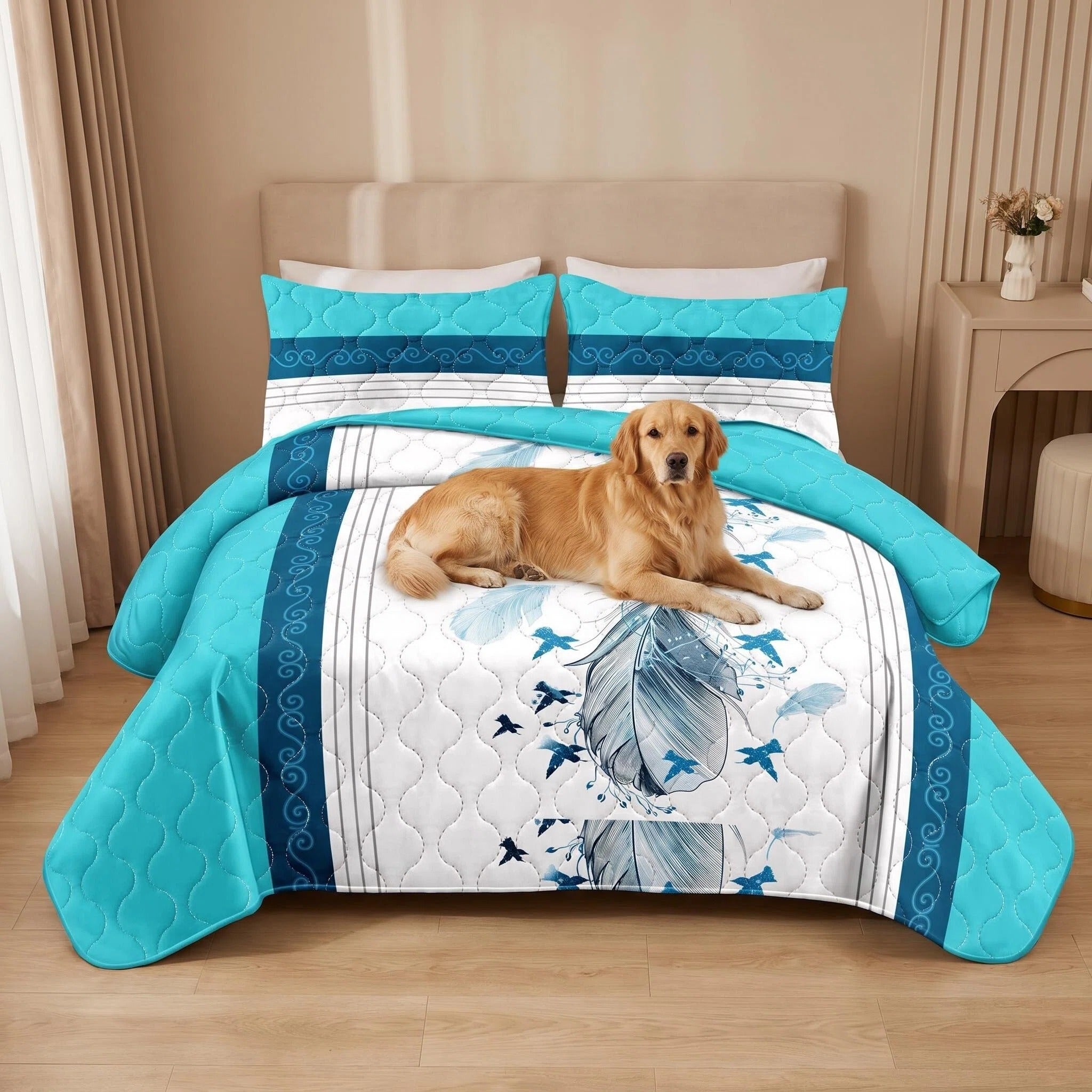3-Piece bleu et blanc plume Star couvre-lit matelassé pour roi et roi de Californie