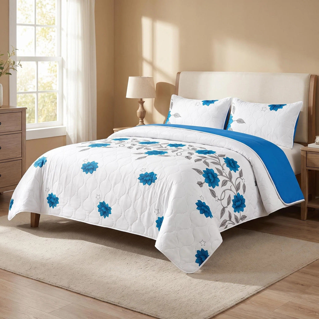 3-Piece Gris Bleu Floral Vine couvre-couche pour roi et roi de Californie