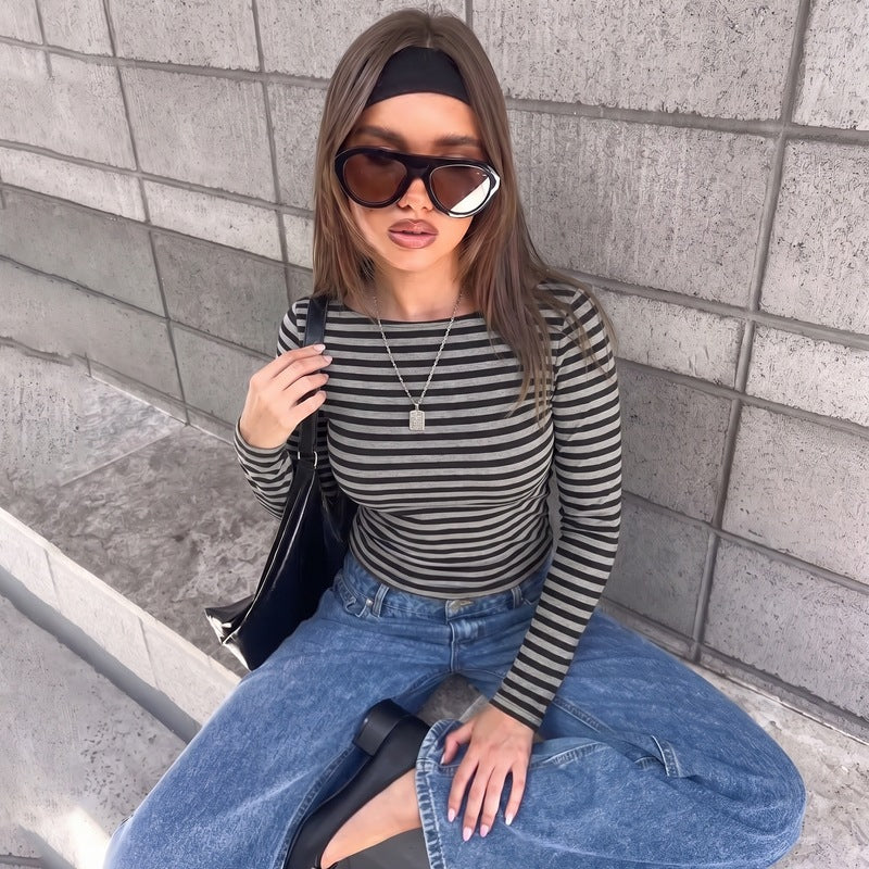 Elegant Crew Neck Long Sleeve Striped Slim-fit Top