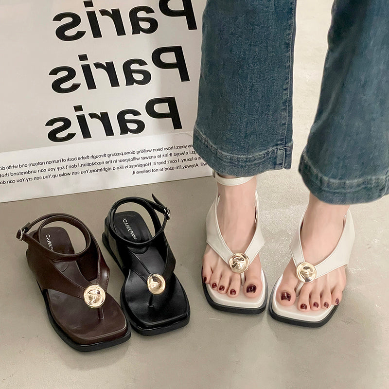 Retro Metal Buckle String Sandales romaines Femmes Été Fashion Square Toe Flap Wedge Heel Ver
