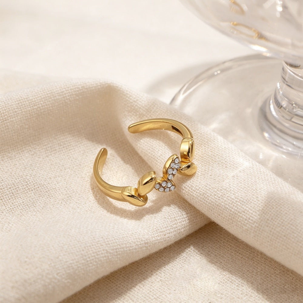 Niche Bague en acier inoxydable en forme de feuille chic de style français