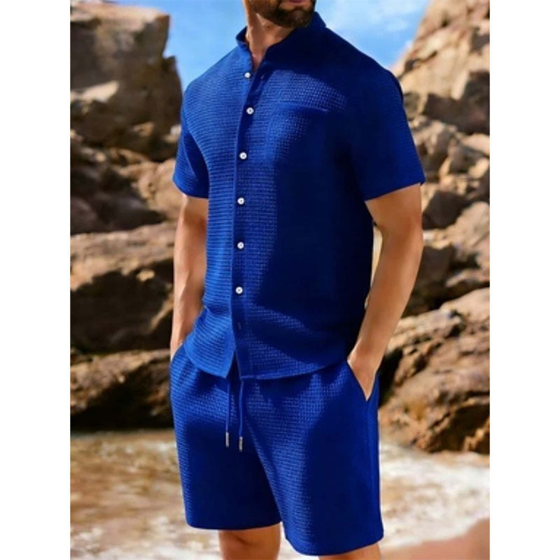 Lapel à manches courtes à boutons jacquard de couleur unie Ensemble casual sport