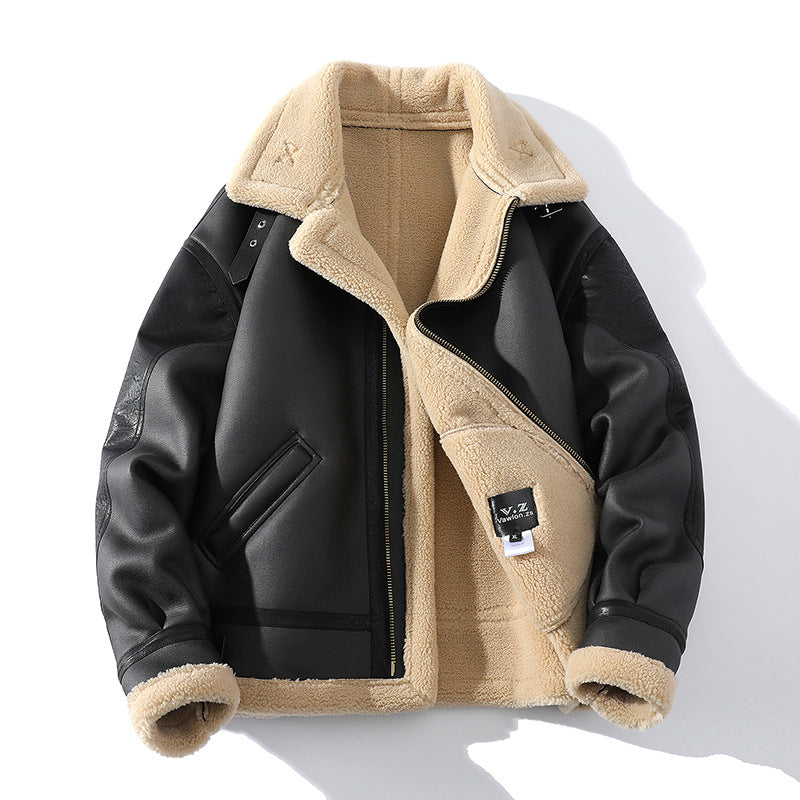 Manteau en cuir de mouton court épais doublé de polaire d'hiver