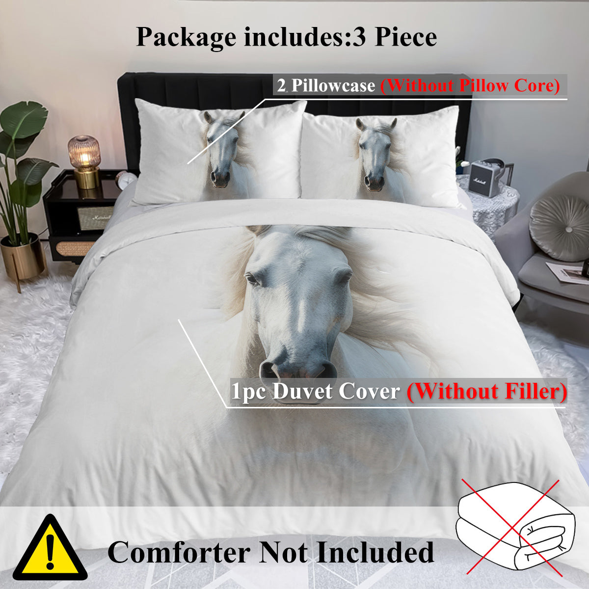White Horse Bedding Set Horse Cover Comforter for Teens Super Soft Construction From