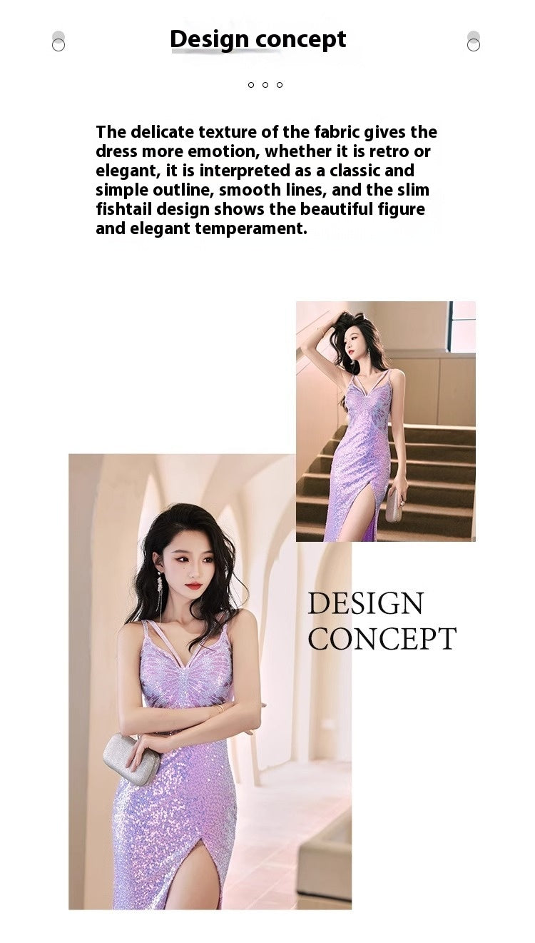 Robe de soirée pailletée Automne et hiver Violet Français Style Banquet haut de gamme