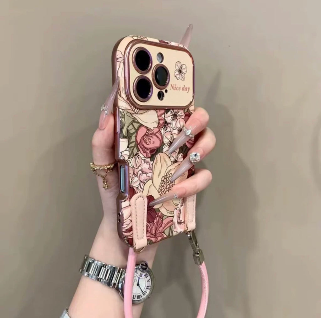 Rétro peinture à l'huile fleur conçu en cuir boîtier de téléphone