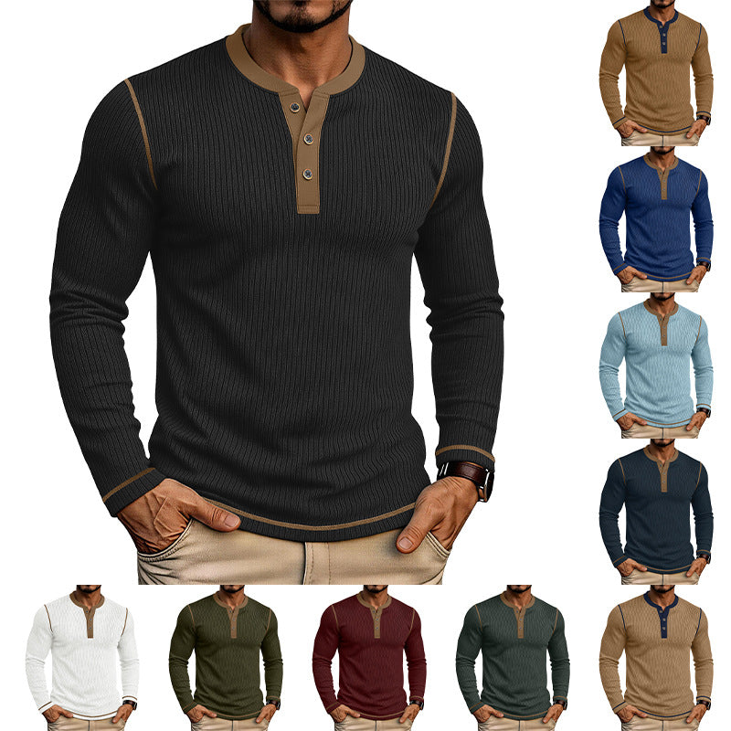 T-shirt manches longues pour hommes avec un chandail Henley bloqué en couleur