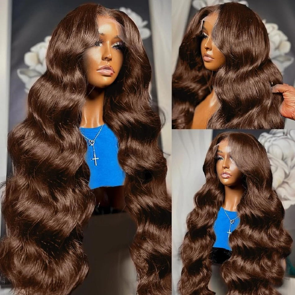 Marron Long Curly Perruque avec partie moyenne et face de dentelle