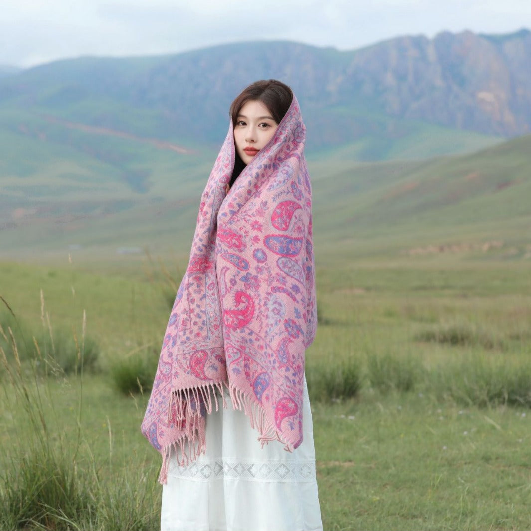 Vêtements de dessus de style ethnique Ankeila Red Faux-cashmere Climatiseur Châl Écharpe