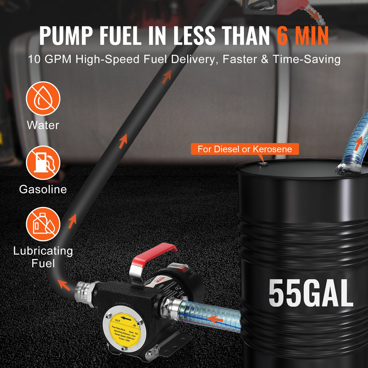 Pompe de transfert de carburant 12V 10 GPM 1/4 HP Pompe diesel avec buse de carburant automatique
