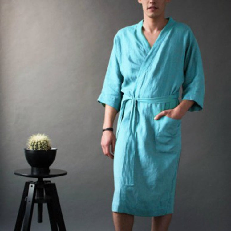 Homme et femme Long Solid Color Lin Pajamas Robe peignoir