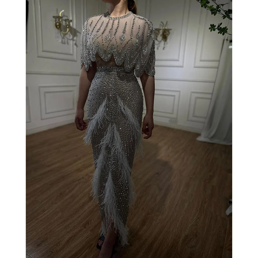 European And American Silver Nude Slim-fit Feather Châl Host Performance Soirée féminine