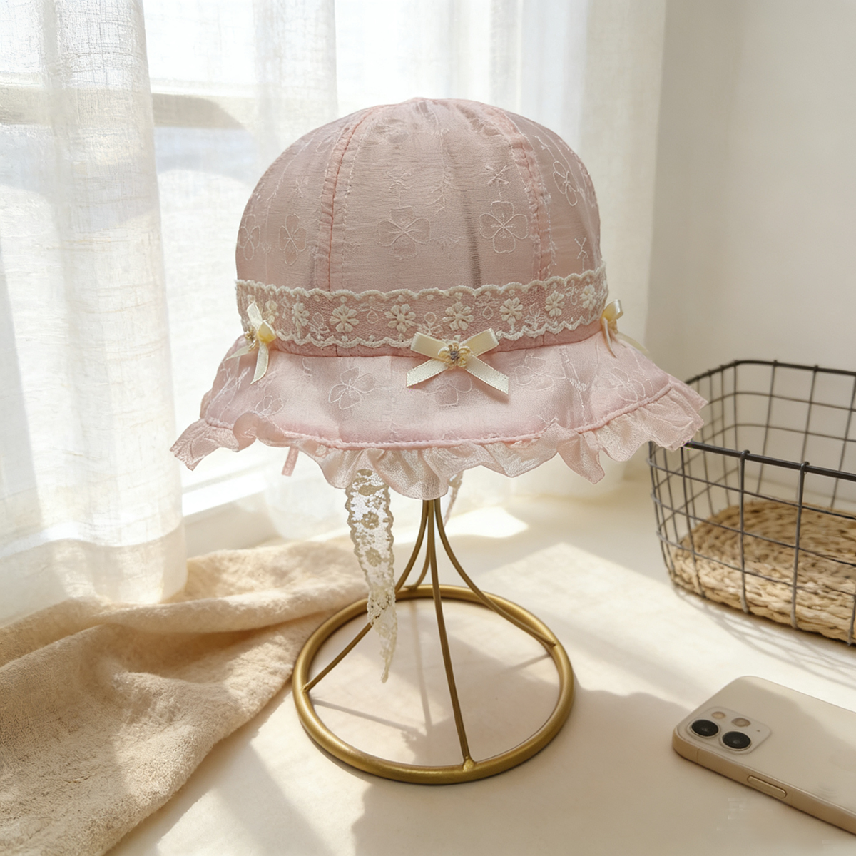 Chapeau de protection en dentelle de couleur unie de couleur pour enfants avec lumière et délice