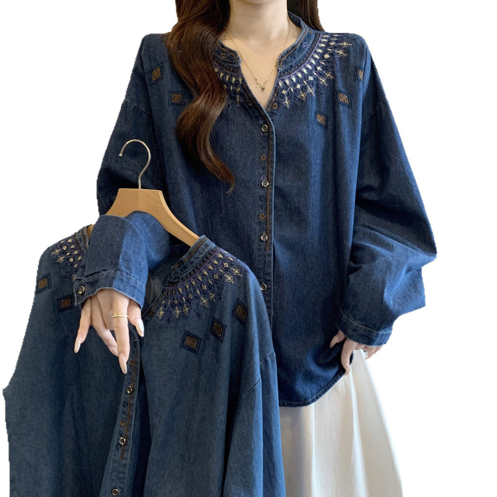 Chemise de denim brodée rétro pour les femmes