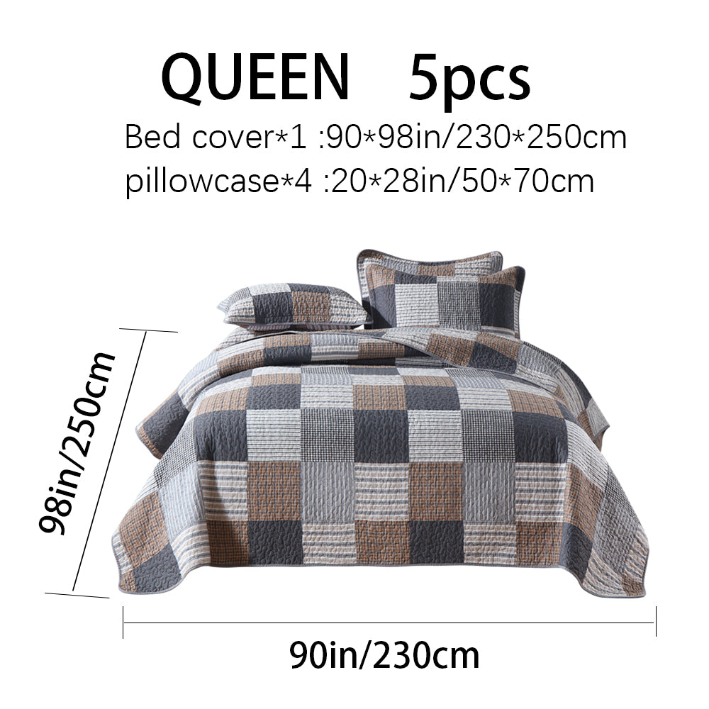 Cotton Reversible Quilt Bedspread Set French Country Checkered Print with Textured Stripe