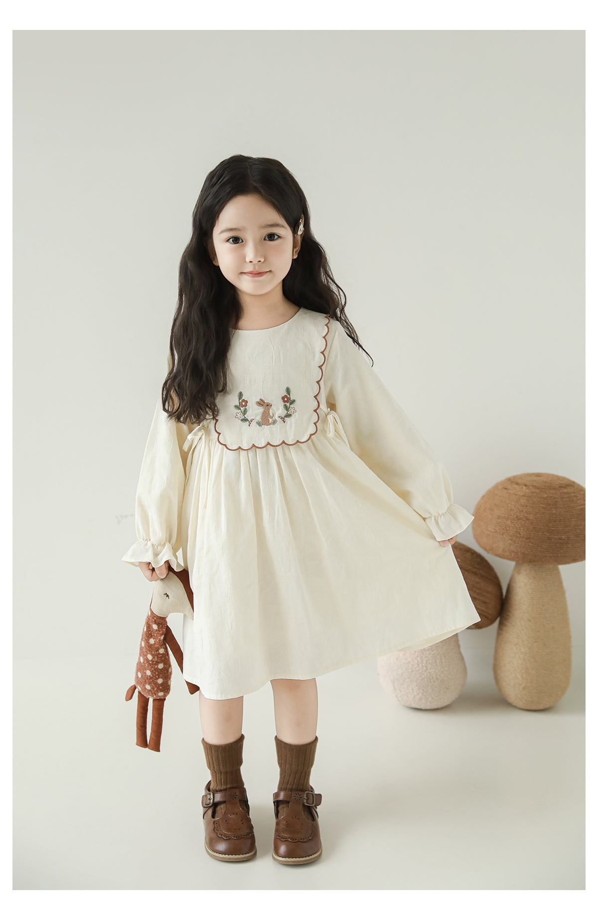 Robe à manches longues d'automne Pure Coton avant Bow pour les filles