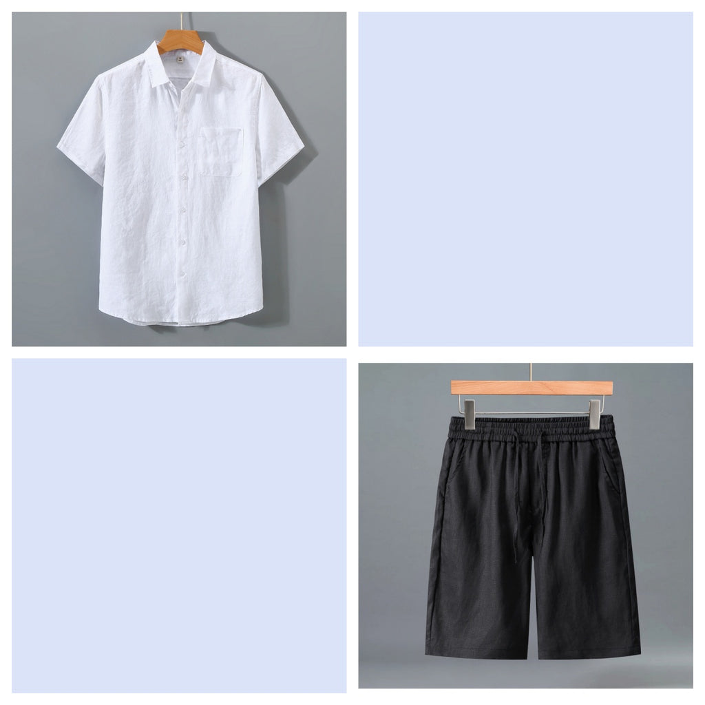 Short en lin pur pour homme et ensemble de chemises à manches courtes - Outfi léger décontracté d'été