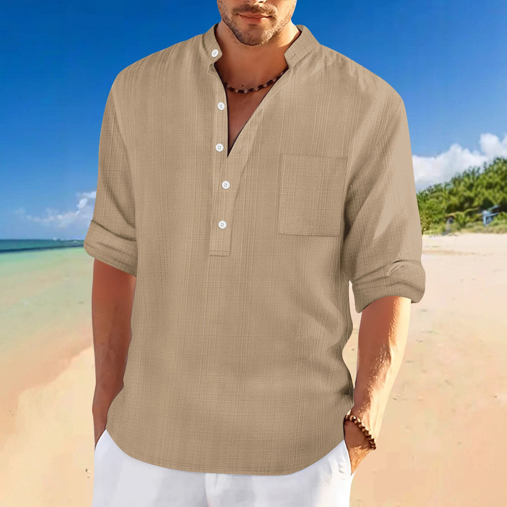 Homme Arrivée Stand-Collar Bamboo-Blend Loose-Fit chemise à manches longues