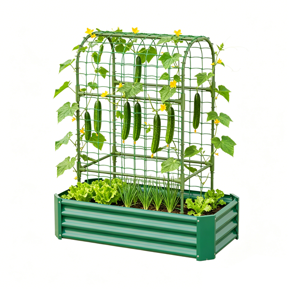 2-en-1 Lit de jardin surélevé avec Trellis - Boîte de planteur d'arc de 59 pouces pour les plantes d'escalade