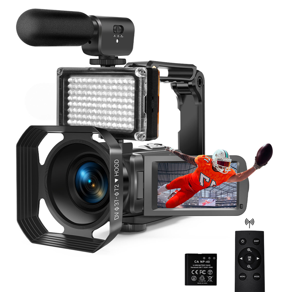 Caméscope numérique 4K avec un microphone coupe-vent et lumière de remplissage