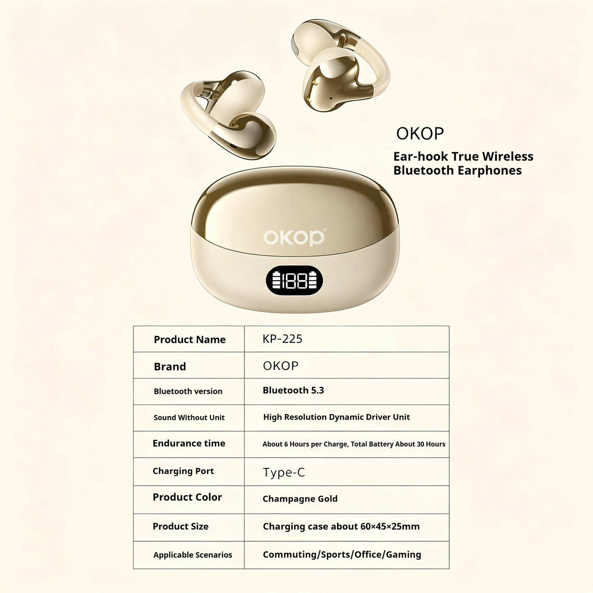 KP-225 Casques Bluetooth sans fil sans fil à clips d'oreilles Longue durée de vie de la batterie Audio Lat