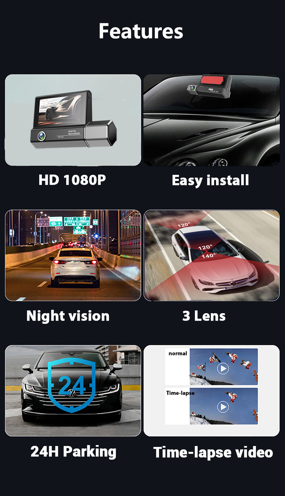3 Lens Video HD 1080 P Tachygraphe