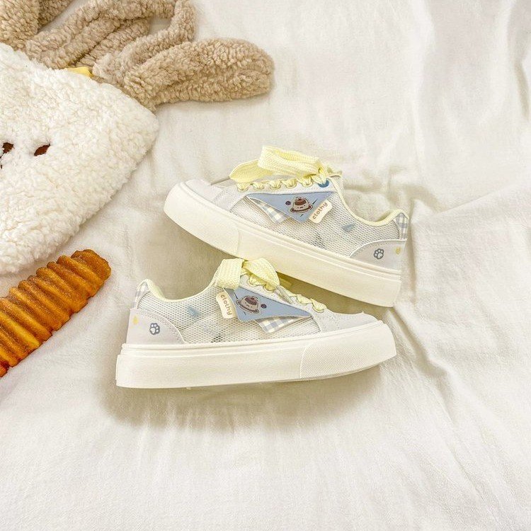 Femmes Kawaii Mesh Platform Sneakers Breathable Mesh Upper Pastel Color Block Cartoon Patch