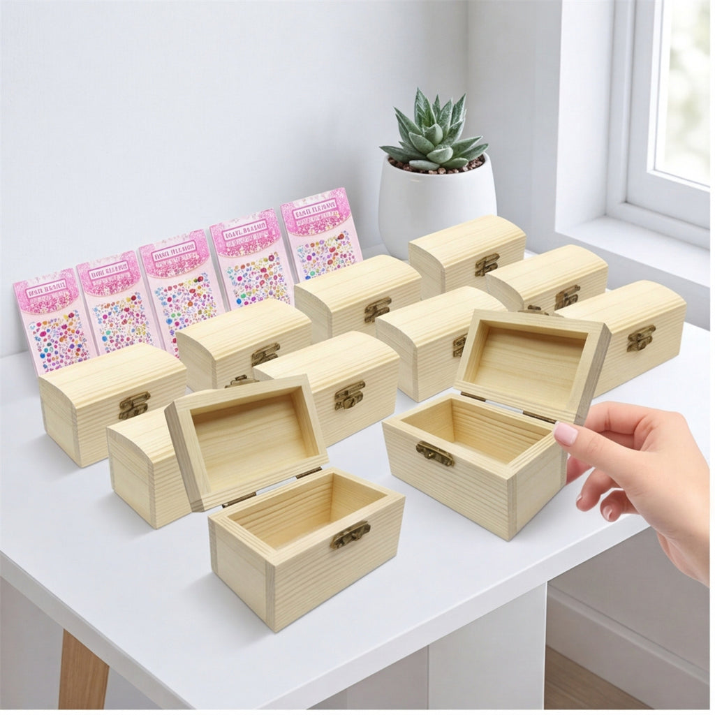 Set de 8 mini coffres au trésor en bois avec 3 feuilles de stickers Glitter pour le rangement et déc