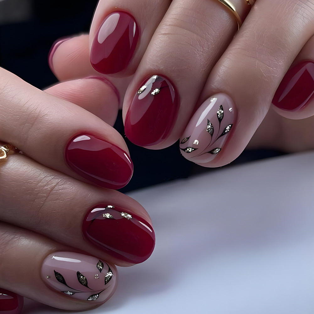 Short Square Y2K Cerise Rouge Sequin Leaf Reflection Design Jeu d'art à ongles