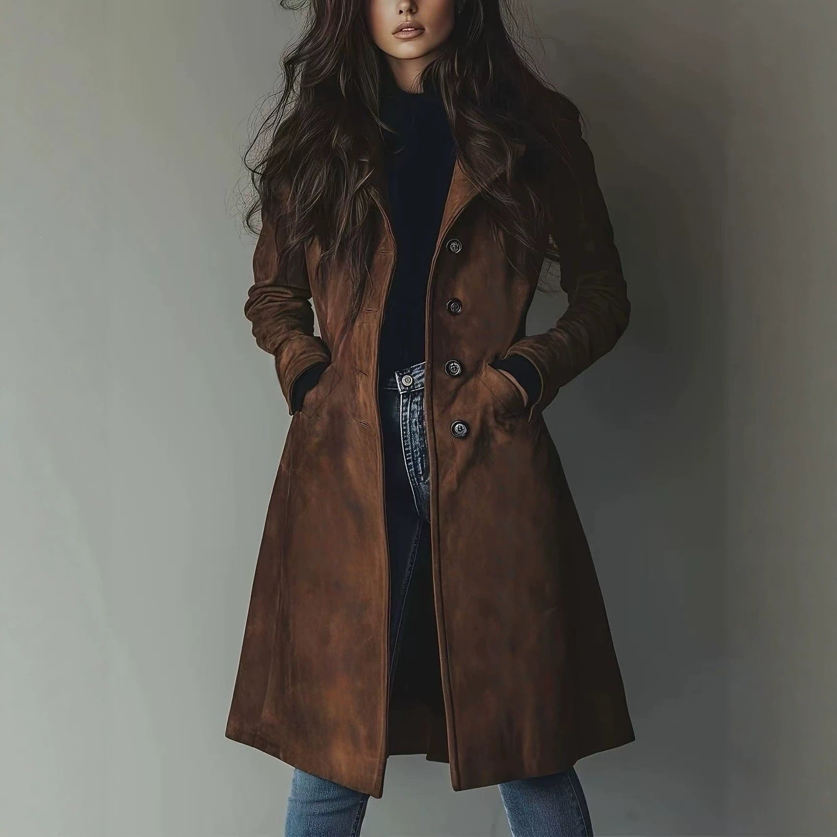 European American Style Women's Fall Winter Lapel Suede Mid-Length Trench Coat