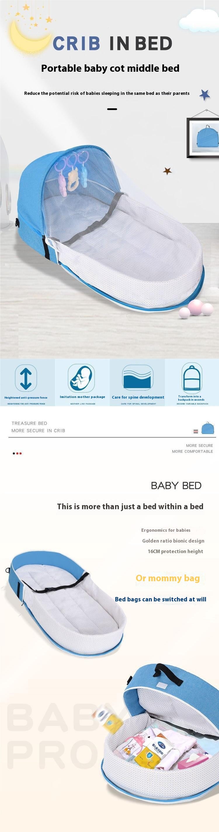 Lit bébé anti-pression pliable portable dans un nouveau-né Isolation Bionic Travel Crib