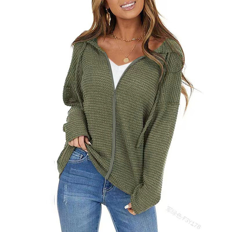 Femmes Waffle Knit Zip Up Hoodie Long Sleeve Drawstring Loose Casual Sweatshirt à capuche Jack