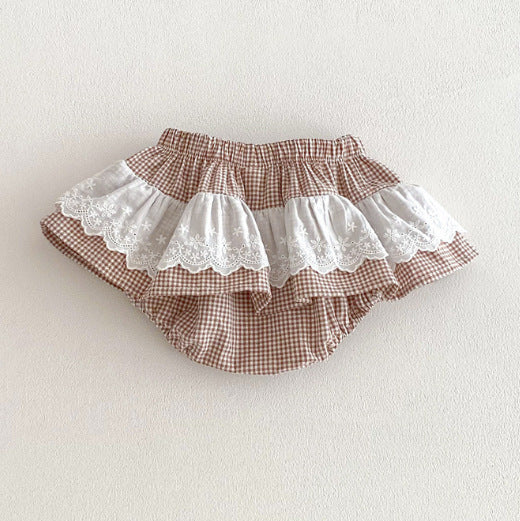 Filles Plaid Dentelle Culottes avec double couche Ruffled Trim