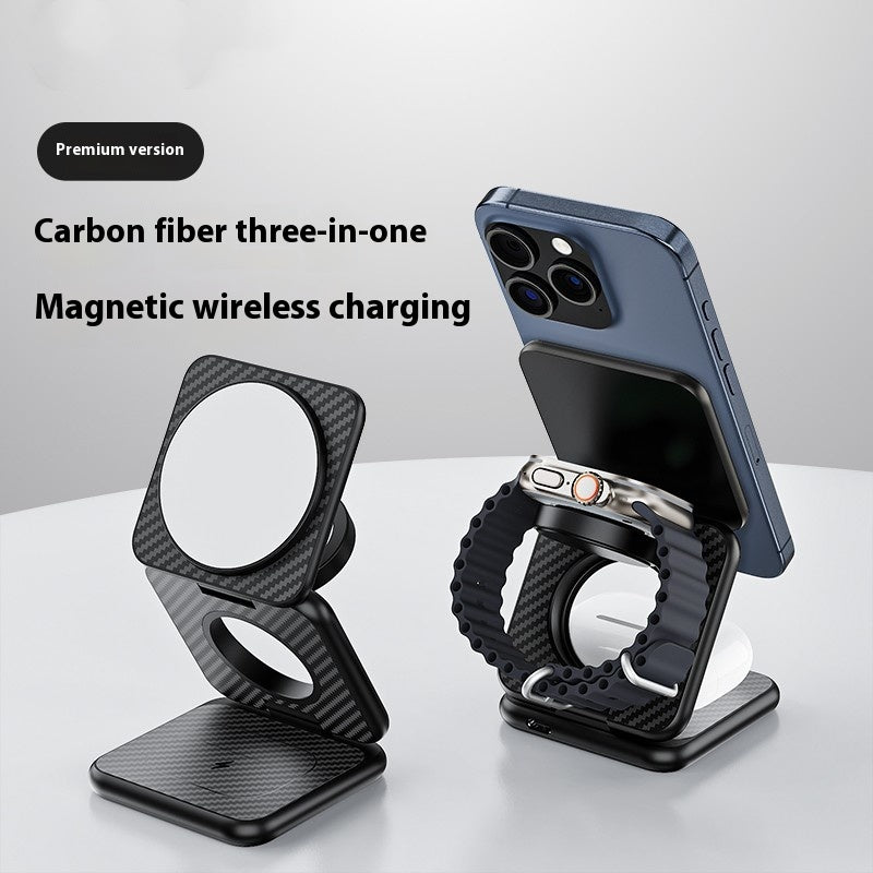 Chargeur sans fil magnétique à trois en un en fibre de carbone