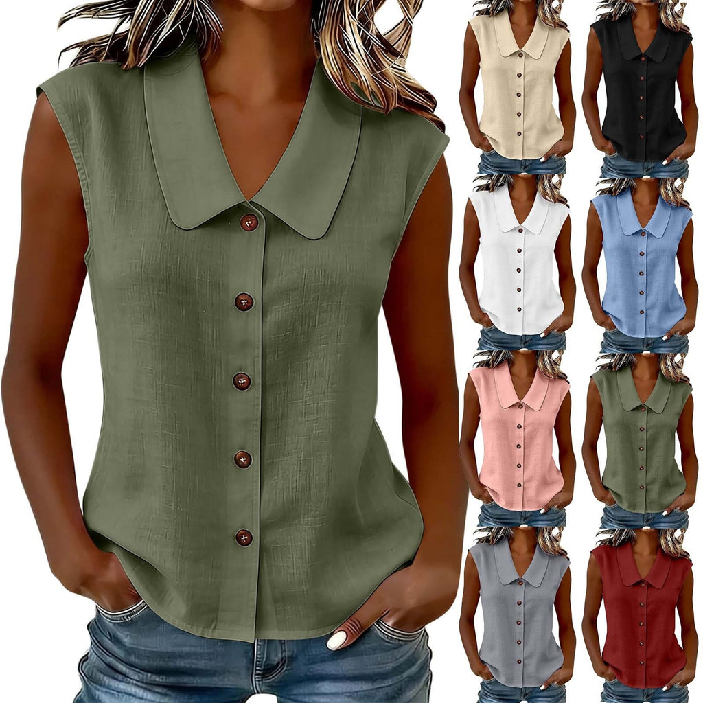 Printemps été femmes S Élégante entreprise Polo cou bouton bas Blouse sans manches