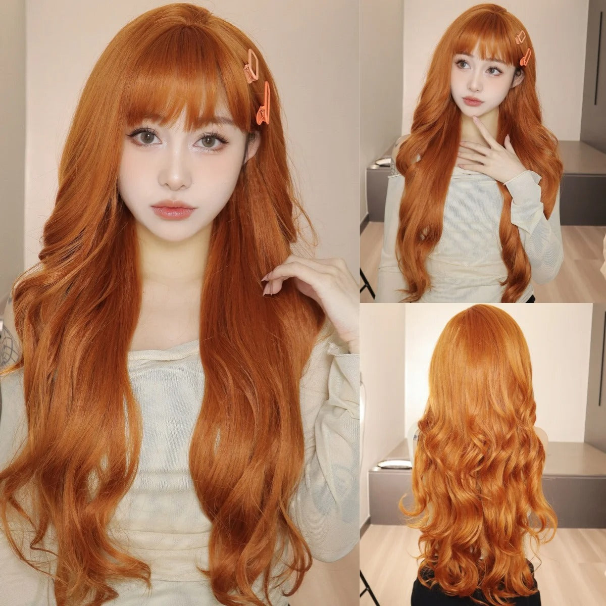 Perruque femelle Bangs Roller Fluffy cheveux mi-longs Perruque naturelle pleine tête