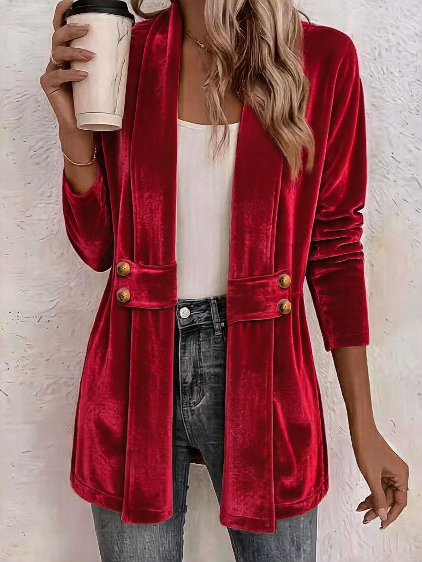 Femmes Velvet Ouvert Cardigan Avant Manches Longues Double Bouton Décor Vêtements de dessus Casual